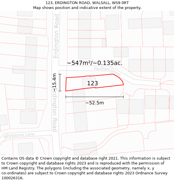 123, ERDINGTON ROAD, WALSALL, WS9 0RT: Plot and title map