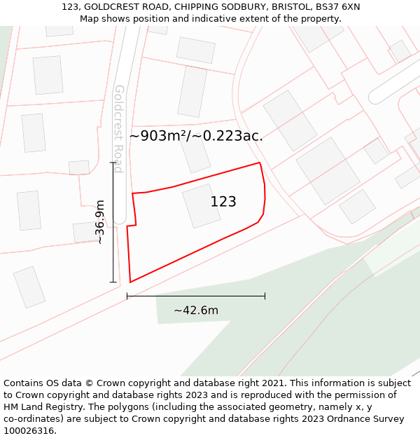 123, GOLDCREST ROAD, CHIPPING SODBURY, BRISTOL, BS37 6XN: Plot and title map