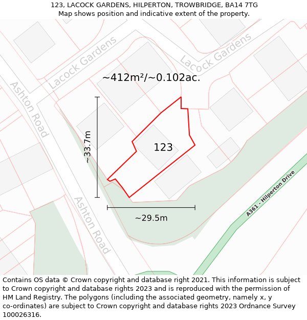 123, LACOCK GARDENS, HILPERTON, TROWBRIDGE, BA14 7TG: Plot and title map