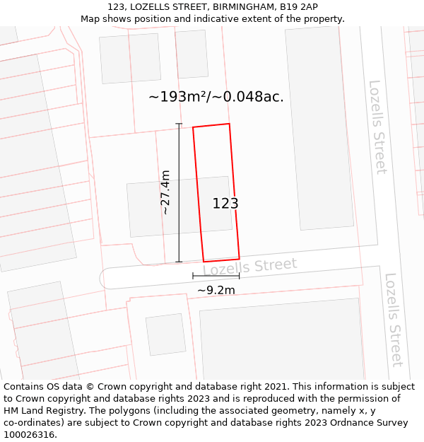 123, LOZELLS STREET, BIRMINGHAM, B19 2AP: Plot and title map