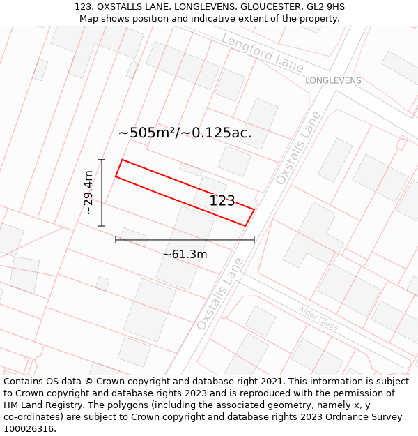 123, OXSTALLS LANE, LONGLEVENS, GLOUCESTER, GL2 9HS: Plot and title map