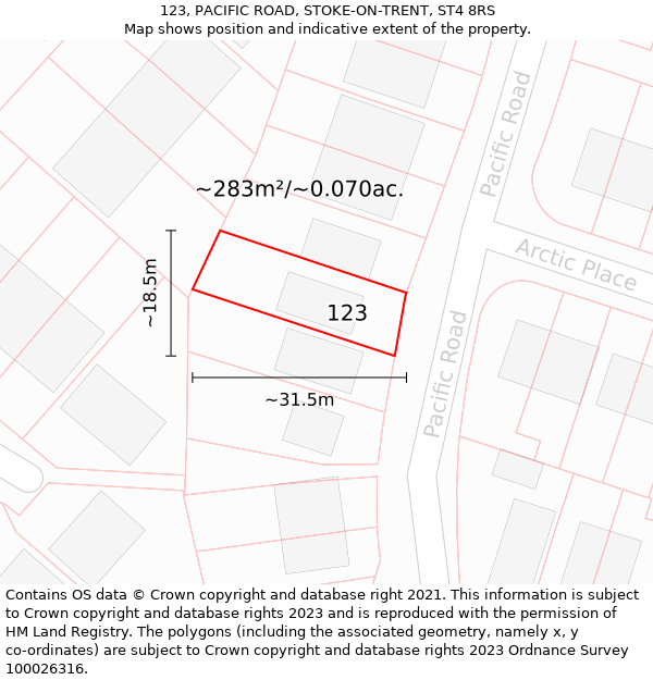 123, PACIFIC ROAD, STOKE-ON-TRENT, ST4 8RS: Plot and title map