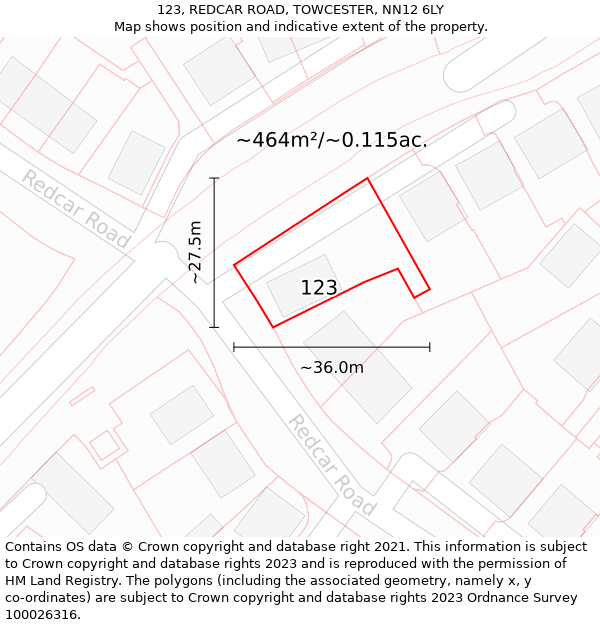 123, REDCAR ROAD, TOWCESTER, NN12 6LY: Plot and title map