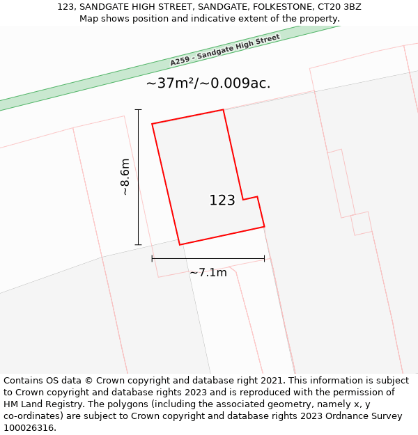 123, SANDGATE HIGH STREET, SANDGATE, FOLKESTONE, CT20 3BZ: Plot and title map