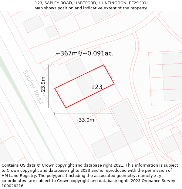 123, SAPLEY ROAD, HARTFORD, HUNTINGDON, PE29 1YU: Plot and title map