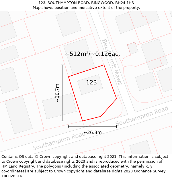 123, SOUTHAMPTON ROAD, RINGWOOD, BH24 1HS: Plot and title map