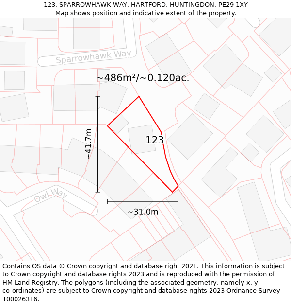 123, SPARROWHAWK WAY, HARTFORD, HUNTINGDON, PE29 1XY: Plot and title map