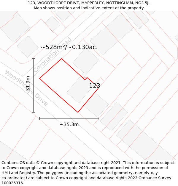 123, WOODTHORPE DRIVE, MAPPERLEY, NOTTINGHAM, NG3 5JL: Plot and title map