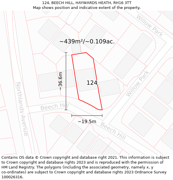 124, BEECH HILL, HAYWARDS HEATH, RH16 3TT: Plot and title map