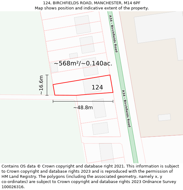 124, BIRCHFIELDS ROAD, MANCHESTER, M14 6PF: Plot and title map