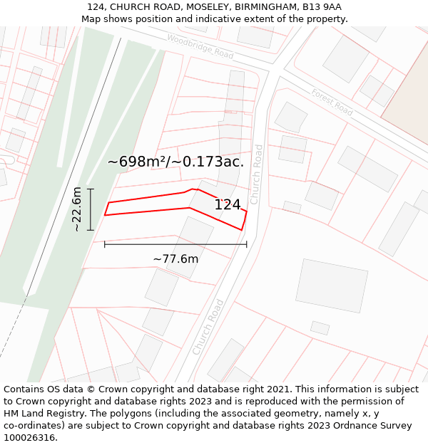 124, CHURCH ROAD, MOSELEY, BIRMINGHAM, B13 9AA: Plot and title map