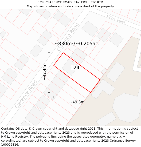 124, CLARENCE ROAD, RAYLEIGH, SS6 8TD: Plot and title map