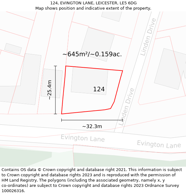 124, EVINGTON LANE, LEICESTER, LE5 6DG: Plot and title map