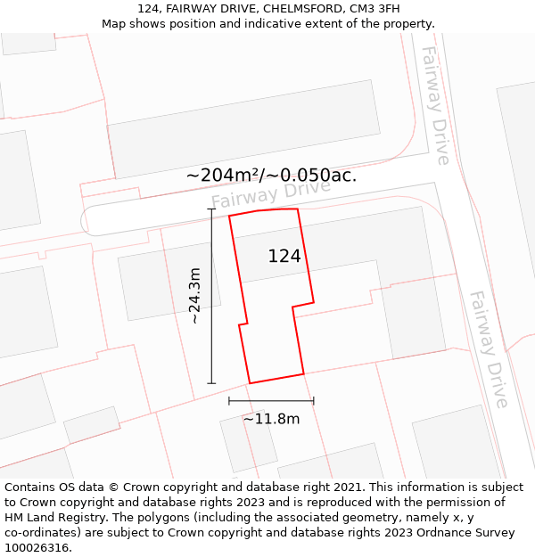 124, FAIRWAY DRIVE, CHELMSFORD, CM3 3FH: Plot and title map