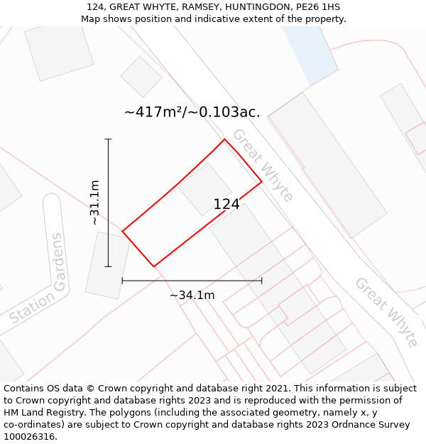 124, GREAT WHYTE, RAMSEY, HUNTINGDON, PE26 1HS: Plot and title map