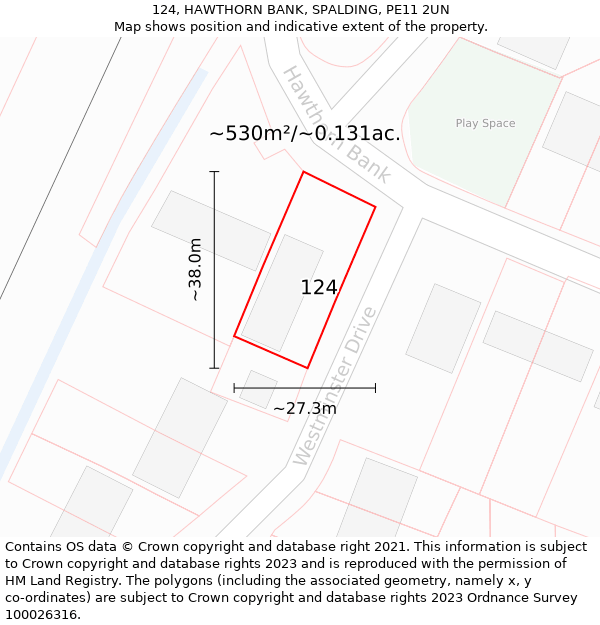 124, HAWTHORN BANK, SPALDING, PE11 2UN: Plot and title map