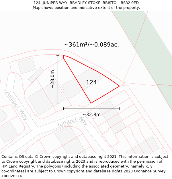 124, JUNIPER WAY, BRADLEY STOKE, BRISTOL, BS32 0ED: Plot and title map