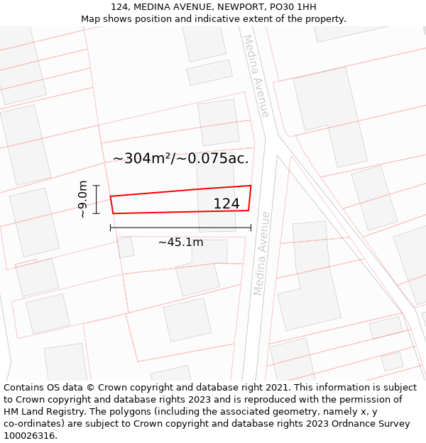 124, MEDINA AVENUE, NEWPORT, PO30 1HH: Plot and title map