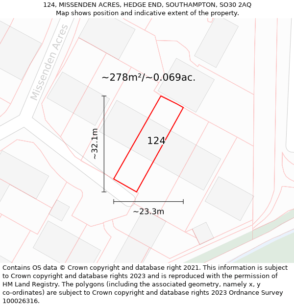 124, MISSENDEN ACRES, HEDGE END, SOUTHAMPTON, SO30 2AQ: Plot and title map