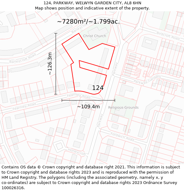 124, PARKWAY, WELWYN GARDEN CITY, AL8 6HN: Plot and title map