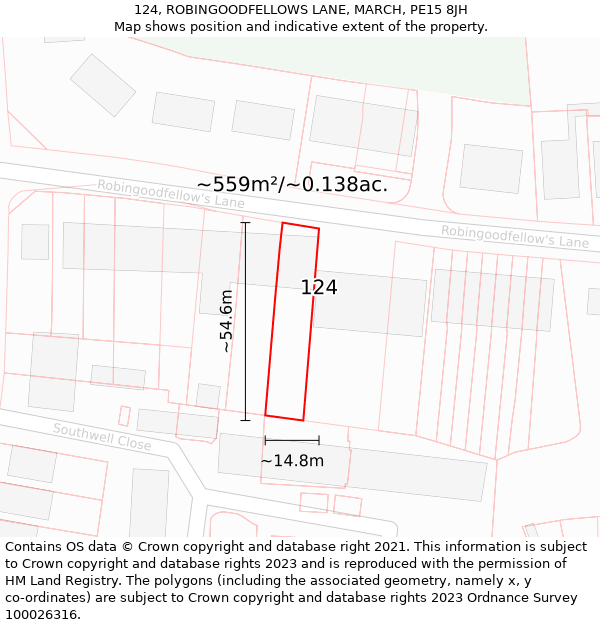 124, ROBINGOODFELLOWS LANE, MARCH, PE15 8JH: Plot and title map