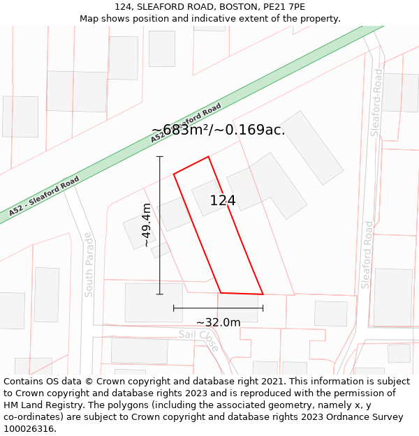 124, SLEAFORD ROAD, BOSTON, PE21 7PE: Plot and title map