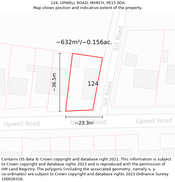 124, UPWELL ROAD, MARCH, PE15 0DA: Plot and title map