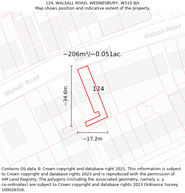 124, WALSALL ROAD, WEDNESBURY, WS10 9JX: Plot and title map