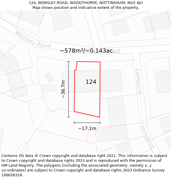 124, WENSLEY ROAD, WOODTHORPE, NOTTINGHAM, NG5 4JU: Plot and title map