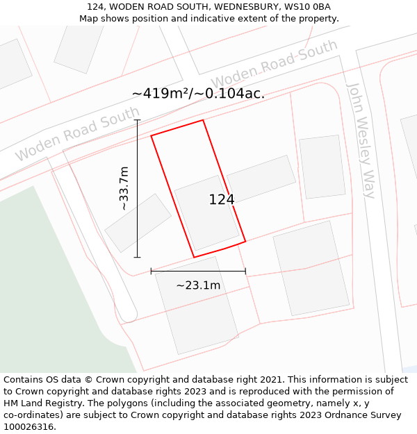 124, WODEN ROAD SOUTH, WEDNESBURY, WS10 0BA: Plot and title map