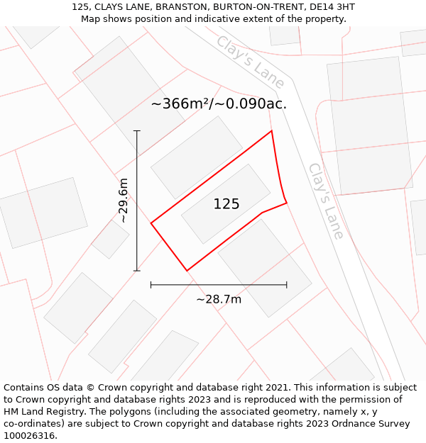 125, CLAYS LANE, BRANSTON, BURTON-ON-TRENT, DE14 3HT: Plot and title map