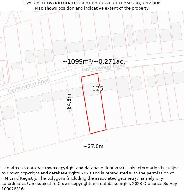 125, GALLEYWOOD ROAD, GREAT BADDOW, CHELMSFORD, CM2 8DR: Plot and title map