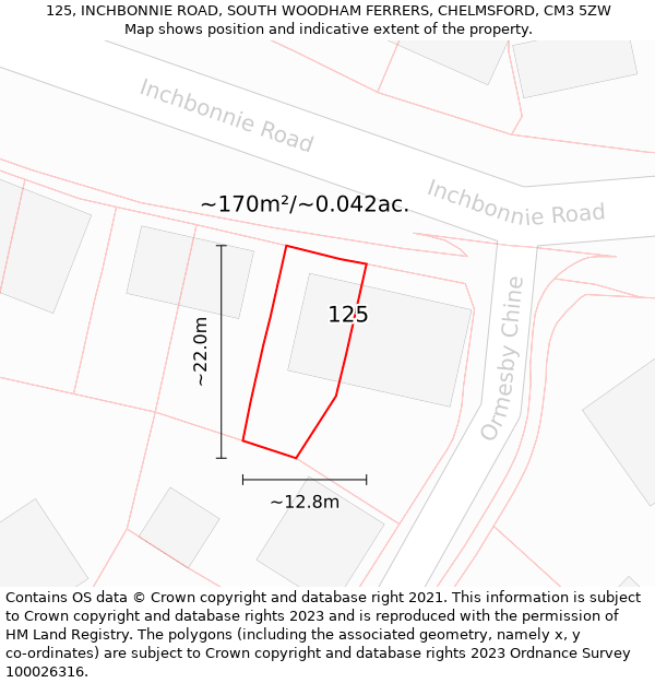 125, INCHBONNIE ROAD, SOUTH WOODHAM FERRERS, CHELMSFORD, CM3 5ZW: Plot and title map