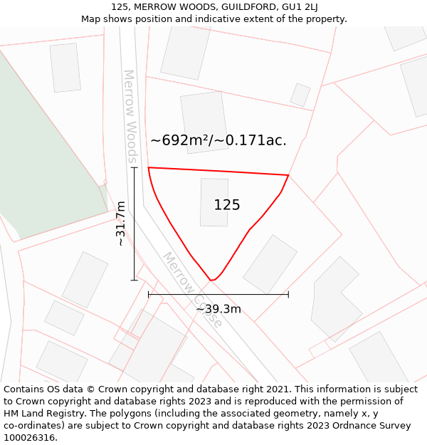 125, MERROW WOODS, GUILDFORD, GU1 2LJ: Plot and title map