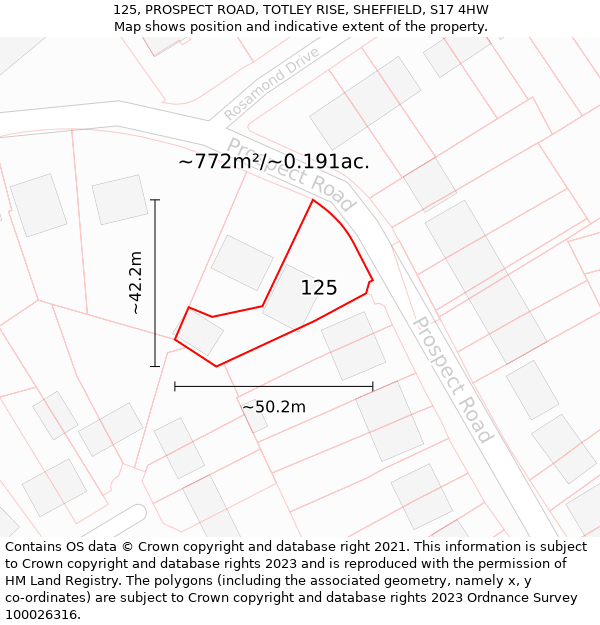 125, PROSPECT ROAD, TOTLEY RISE, SHEFFIELD, S17 4HW: Plot and title map