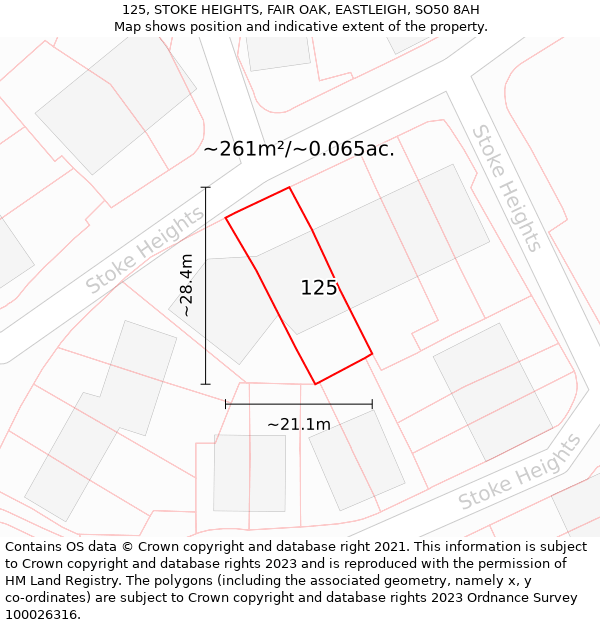 125, STOKE HEIGHTS, FAIR OAK, EASTLEIGH, SO50 8AH: Plot and title map