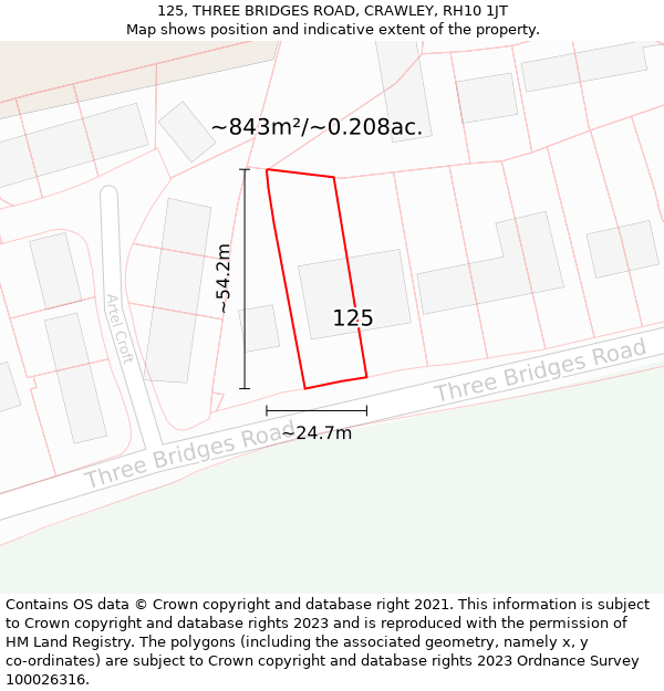 125, THREE BRIDGES ROAD, CRAWLEY, RH10 1JT: Plot and title map