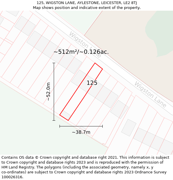 125, WIGSTON LANE, AYLESTONE, LEICESTER, LE2 8TJ: Plot and title map