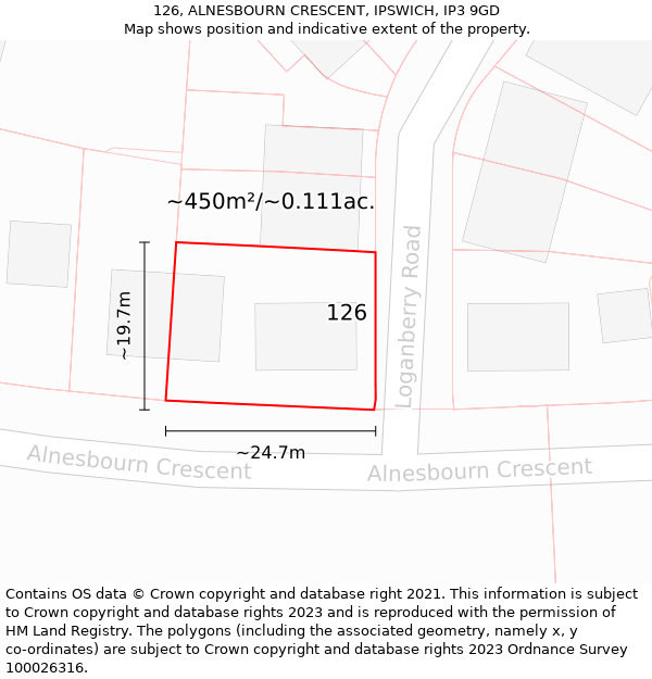 126, ALNESBOURN CRESCENT, IPSWICH, IP3 9GD: Plot and title map