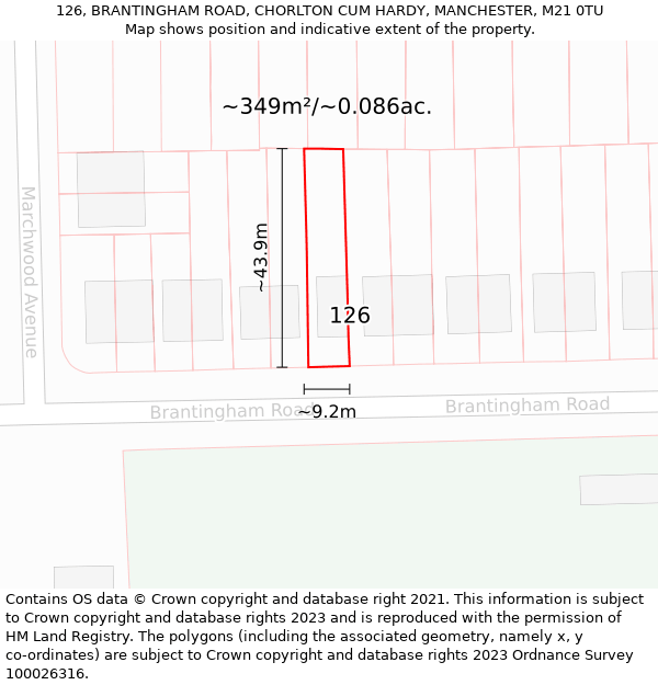 126, BRANTINGHAM ROAD, CHORLTON CUM HARDY, MANCHESTER, M21 0TU: Plot and title map