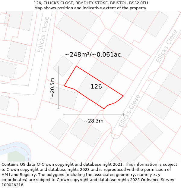 126, ELLICKS CLOSE, BRADLEY STOKE, BRISTOL, BS32 0EU: Plot and title map