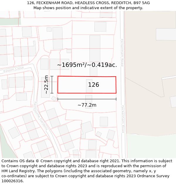 126, FECKENHAM ROAD, HEADLESS CROSS, REDDITCH, B97 5AG: Plot and title map