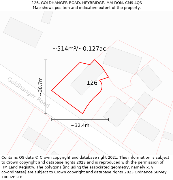 126, GOLDHANGER ROAD, HEYBRIDGE, MALDON, CM9 4QS: Plot and title map