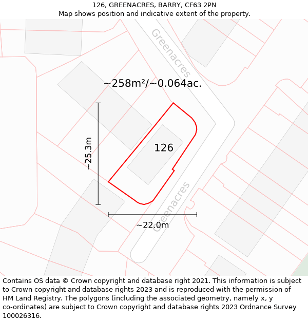 126, GREENACRES, BARRY, CF63 2PN: Plot and title map