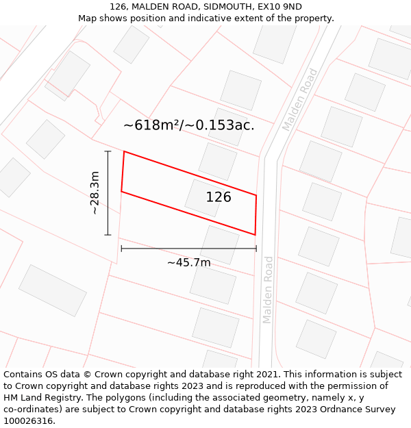 126, MALDEN ROAD, SIDMOUTH, EX10 9ND: Plot and title map