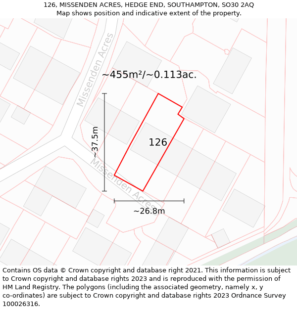 126, MISSENDEN ACRES, HEDGE END, SOUTHAMPTON, SO30 2AQ: Plot and title map