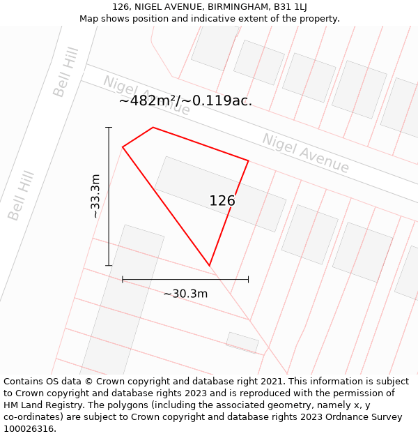 126, NIGEL AVENUE, BIRMINGHAM, B31 1LJ: Plot and title map