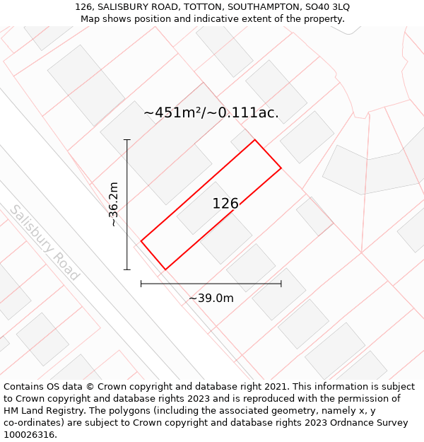 126, SALISBURY ROAD, TOTTON, SOUTHAMPTON, SO40 3LQ: Plot and title map