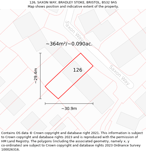 126, SAXON WAY, BRADLEY STOKE, BRISTOL, BS32 9AS: Plot and title map