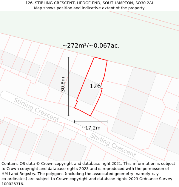 126, STIRLING CRESCENT, HEDGE END, SOUTHAMPTON, SO30 2AL: Plot and title map